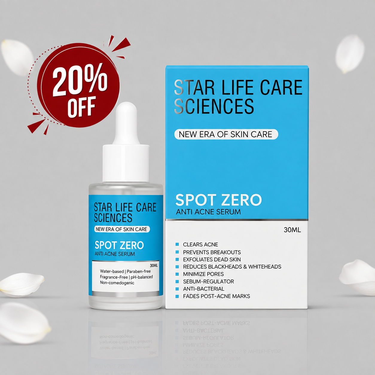 Star Life Care Sciences Spot Zero Anti Acne Serum dropper bottle and blue packaging box with 20% OFF badge.